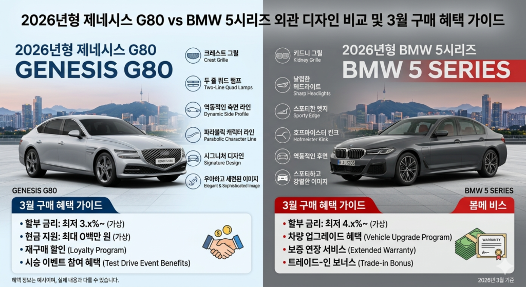 "2026년형 제네시스 G80과 BMW 5시리즈 외관 디자인 비교 및 3월 구매 혜택 가이드 이미지"